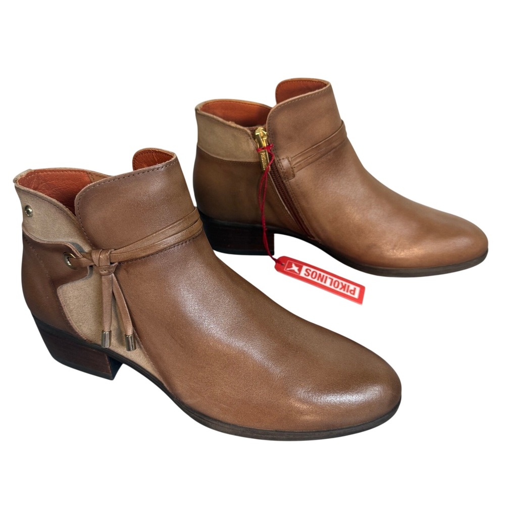 Pikolinos Women Tan Brown Leather Suede Ankle Boots Size 37 Mixed Media Booties